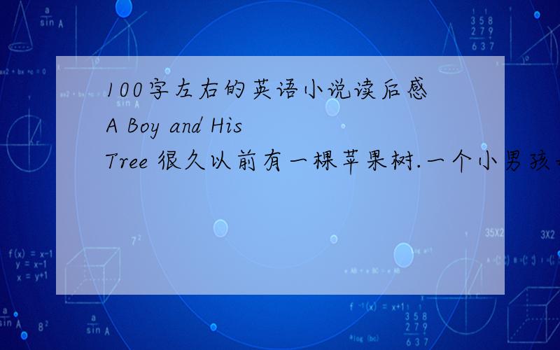 100字左右的英语小说读后感A Boy and His Tree 很久以前有一棵苹果树.一个小男孩每天都喜欢来到树旁玩耍.他爬到树顶,吃苹果,在树荫里打盹……他爱这棵树,树也爱和他一起玩.随着时间的流逝,