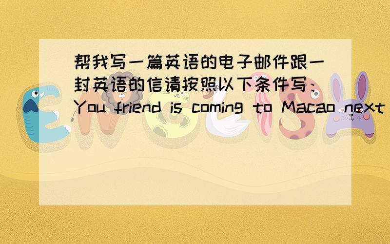 帮我写一篇英语的电子邮件跟一封英语的信请按照以下条件写：You friend is coming to Macao next week .Tell her about :-----Traffic to Macao-----tings to do on Saturday in Macao-----accommodation in MacaoWrite an email Write a l