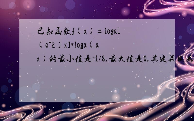 已知函数f(x)=loga[(a^2）x]*loga(ax)的最小值是-1/8,最大值是0,其定义域为不等式4^(x-1)-5*2^x+16≤0的解集,求a的值.
