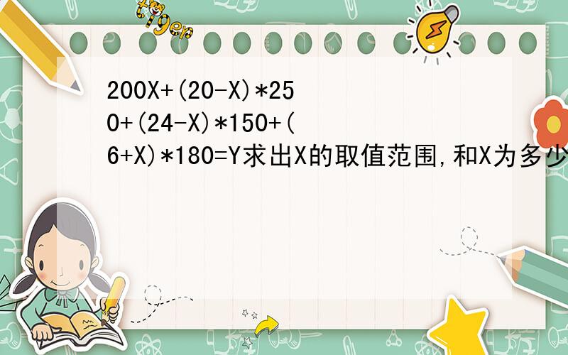 200X+(20-X)*250+(24-X)*150+(6+X)*180=Y求出X的取值范围,和X为多少时,Y为最小,最小为多少?x为整数，且XY都不为0
