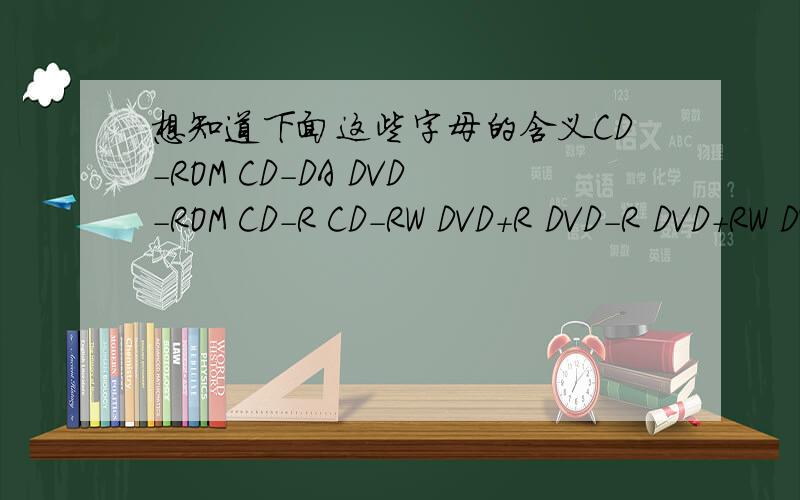 想知道下面这些字母的含义CD-ROM CD-DA DVD-ROM CD-R CD-RW DVD+R DVD-R DVD+RW DVD-RW DVD-RAM 望有缘人告知`````