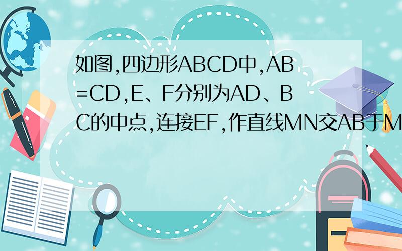 如图,四边形ABCD中,AB=CD,E、F分别为AD、BC的中点,连接EF,作直线MN交AB于M,交CD于N,交EF于O,若角AMO=DNO,求证EF垂直MN