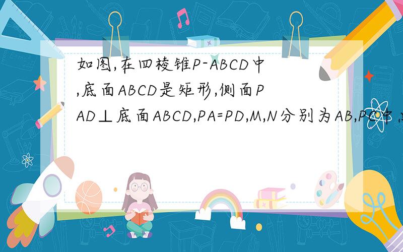 如图,在四棱锥P-ABCD中,底面ABCD是矩形,侧面PAD⊥底面ABCD,PA=PD,M,N分别为AB,PC中点,求证MN垂直平面PCD