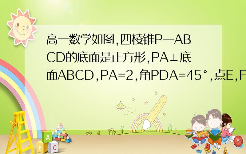 高一数学如图,四棱锥P—ABCD的底面是正方形,PA⊥底面ABCD,PA=2,角PDA=45°,点E,F为棱AB,PD的中点1.求证AF⊥面PCD2求证直线AC与面PCD所成的角的大小