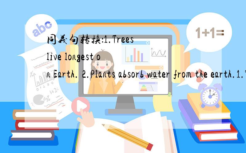 同义句转换：1.Trees live longest on Earth. 2.Plants absorb water from the earth.1.Trees live longest on Earth. 2.Plants absorb water from the earth. 3.I will return your book as soon as I can.