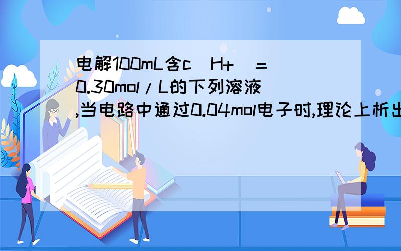 电解100mL含c(H+)＝0.30mol/L的下列溶液,当电路中通过0.04mol电子时,理论上析出金属质量最大的是A.0.10mol/LAg+ B.0.20mol/LZn2+C.0.20mol/LCu2+ D.0.20mol/LPb2+