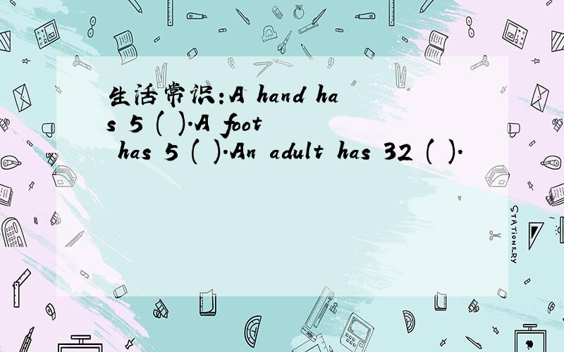 生活常识:A hand has 5 ( ).A foot has 5 ( ).An adult has 32 ( ).