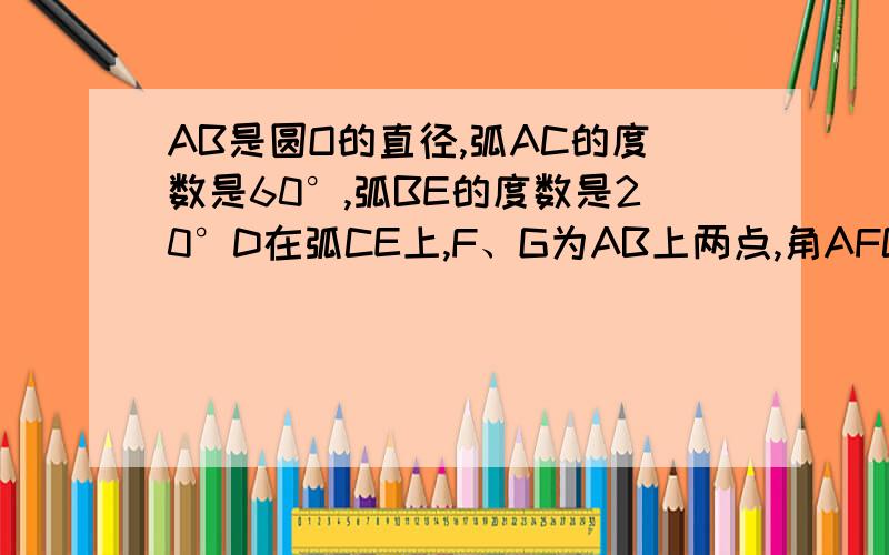 AB是圆O的直径,弧AC的度数是60°,弧BE的度数是20°D在弧CE上,F、G为AB上两点,角AFC=角BFD,角AGD=角BGE,求角FDGC、D、E同旁