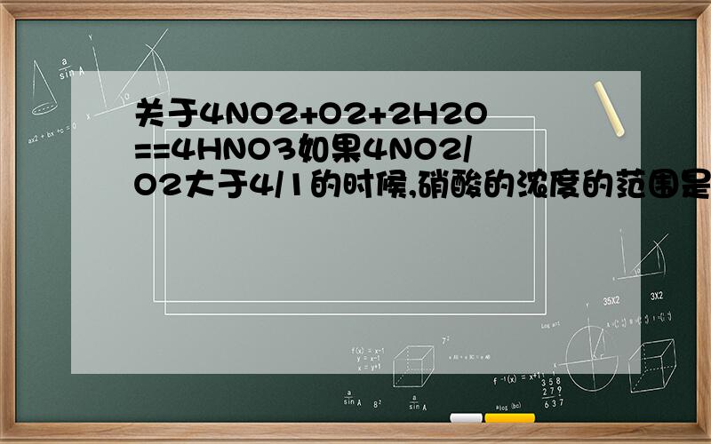 关于4NO2+O2+2H2O==4HNO3如果4NO2/O2大于4/1的时候,硝酸的浓度的范围是多少呢?