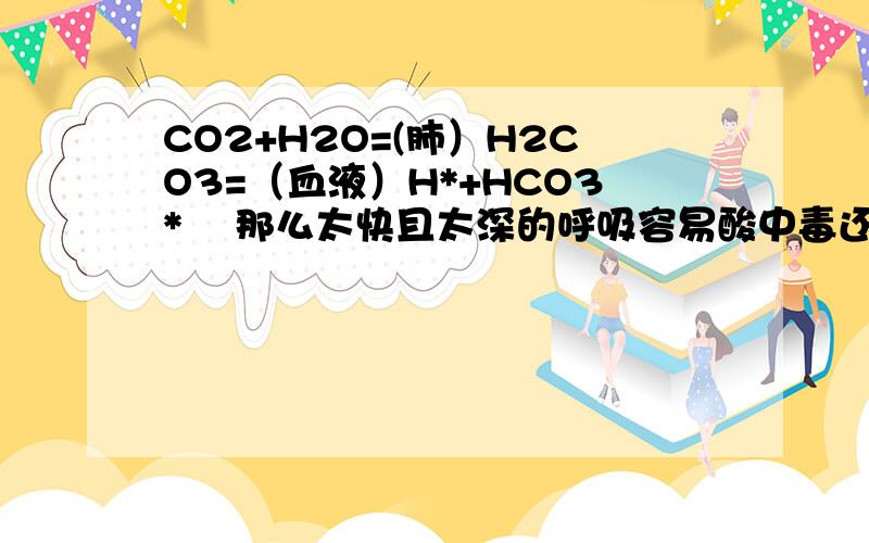 CO2+H2O=(肺）H2CO3=（血液）H*+HCO3*    那么太快且太深的呼吸容易酸中毒还是碱中毒?这是一道高二化学电离水解题，人体内co2的反应途径为CO2+H2O=(肺）H2CO3=（血液）H*+HCO3* ，呼出CO2占总体积的5%