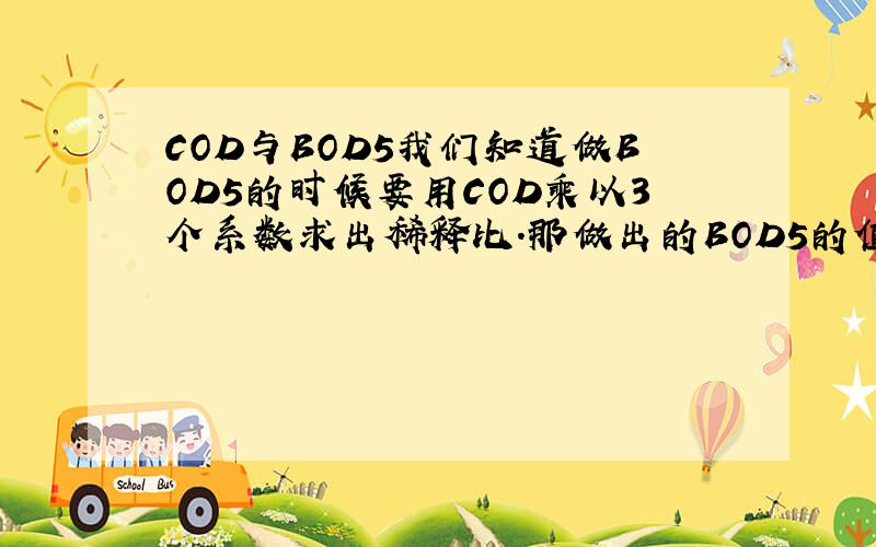 COD与BOD5我们知道做BOD5的时候要用COD乘以3个系数求出稀释比.那做出的BOD5的值和COD的值的大概关系,哪个达人指点哈啊.BOD5和COD比值（B/C）大致为0.0.这个说法对吗?对的话能不能在说得具体点.