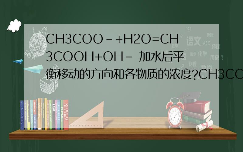 CH3COO-+H2O=CH3COOH+OH- 加水后平衡移动的方向和各物质的浓度?CH3COO-+H2O=CH3COOH+OH-加水后平衡移动的方向和各物质的浓度?