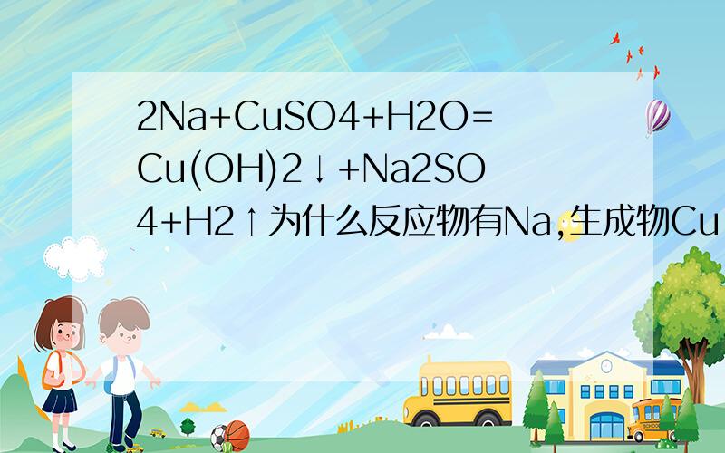 2Na+CuSO4+H2O=Cu(OH)2↓+Na2SO4+H2↑为什么反应物有Na,生成物Cu(OH)2还要加↓呢?