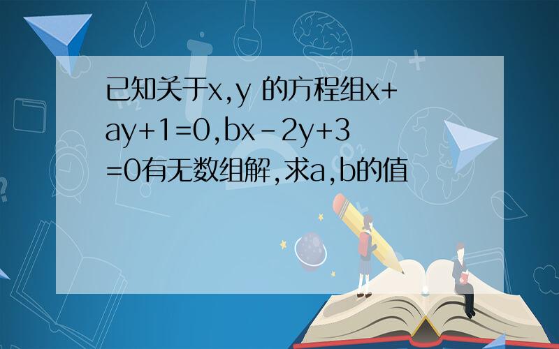 已知关于x,y 的方程组x+ay+1=0,bx-2y+3=0有无数组解,求a,b的值