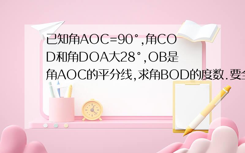 已知角AOC=90°,角COD和角DOA大28°,OB是角AOC的平分线,求角BOD的度数.要全面的过程