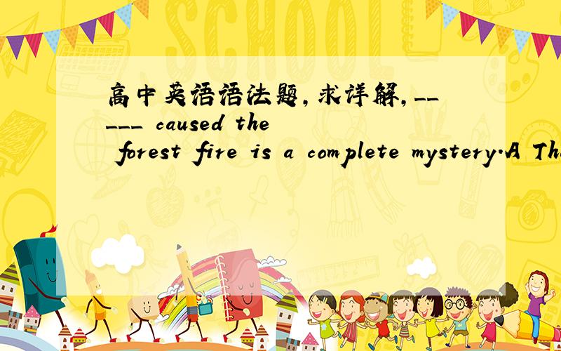 高中英语语法题,求详解,_____ caused the forest fire is a complete mystery.A That B Whether C Why D Whatthat 为什么不行啊