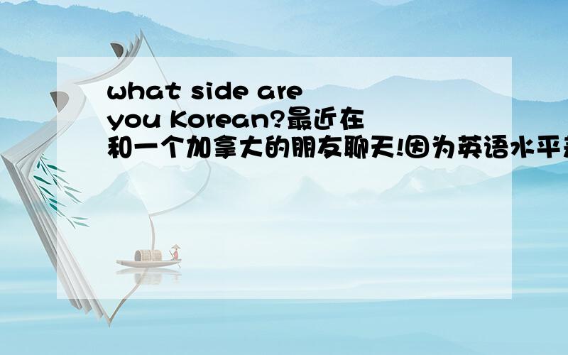 what side are you Korean?最近在和一个加拿大的朋友聊天!因为英语水平差!只能一句一句的找是什么意思了