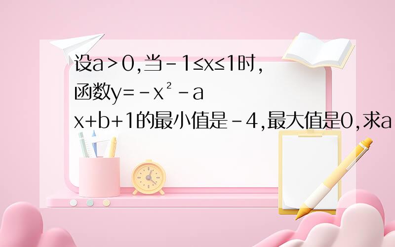 设a＞0,当-1≤x≤1时,函数y=-x²-ax+b+1的最小值是-4,最大值是0,求a、b的值