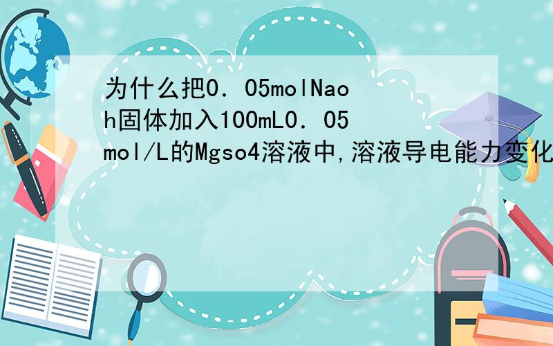 为什么把0．05molNaoh固体加入100mL0．05mol/L的Mgso4溶液中,溶液导电能力变化不大呢?