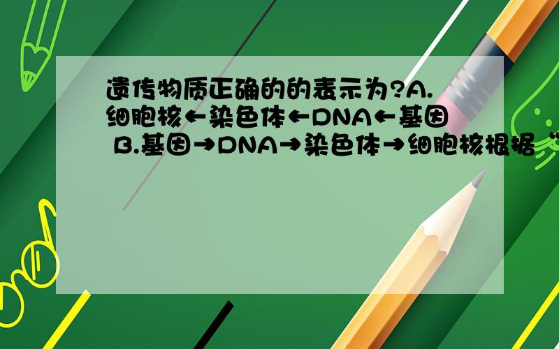遗传物质正确的的表示为?A.细胞核←染色体←DNA←基因 B.基因→DNA→染色体→细胞核根据“基因是染色体上可以控制生物性状的DNA片段,而染色体在细胞核上”这句话应该选A啊 为什么答案是B