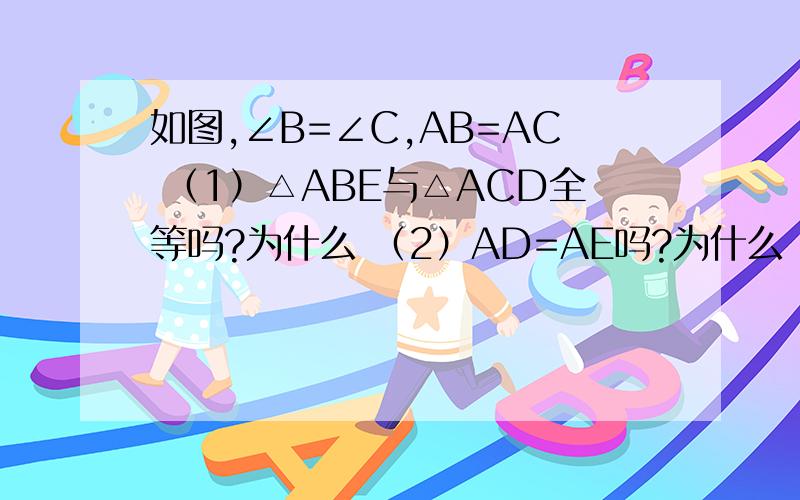 如图,∠B=∠C,AB=AC （1）△ABE与△ACD全等吗?为什么 （2）AD=AE吗?为什么 （3）BD=CE吗?为什么