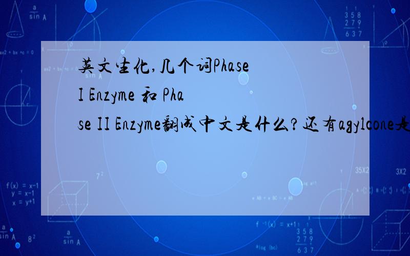 英文生化,几个词Phase I Enzyme 和 Phase II Enzyme翻成中文是什么?还有agylcone是什么?注意不是aglycone紧急求救!顺便推荐一下常用的生物化学英语词典呗，万分感谢！！！第三个没写错  根据文献的