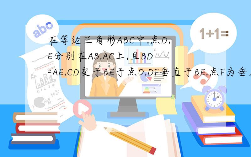 在等边三角形ABC中,点D,E分别在AB,AC上,且BD=AE,CD交于BE于点O,DF垂直于BE,点F为垂足求OD=2OF