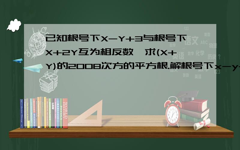 已知根号下X-Y+3与根号下X+2Y互为相反数,求(X+Y)的2008次方的平方根.解根号下x-y+3=-（根号下x+2y）已知5+根号11的小数部分为a,5-根号11的小数部分为b,求a+b的值已知x,y满足y=8-2x分之(根号下x²-16+