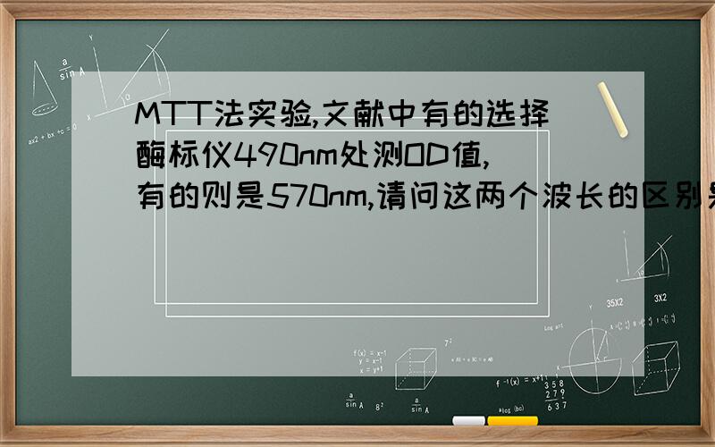 MTT法实验,文献中有的选择酶标仪490nm处测OD值,有的则是570nm,请问这两个波长的区别是什么,如何选择