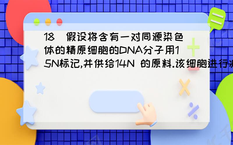 18．假设将含有一对同源染色体的精原细胞的DNA分子用15N标记,并供给14N 的原料.该细胞进行减数分裂产生18．假设将含有一对同源染色体的精原细胞的DNA分子用15N标记,并供给14N 的原料.该细胞