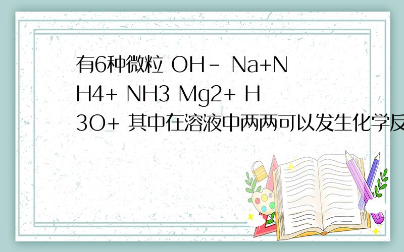 有6种微粒 OH- Na+NH4+ NH3 Mg2+ H3O+ 其中在溶液中两两可以发生化学反应的共有
