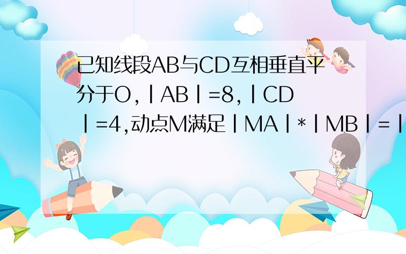已知线段AB与CD互相垂直平分于O,|AB|=8,|CD|=4,动点M满足|MA|*|MB|=|MC|*|MD|,求动点M的轨迹方程详细过程.
