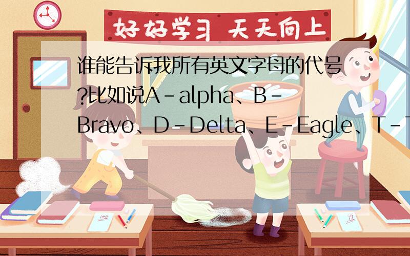 谁能告诉我所有英文字母的代号?比如说A-alpha、B-Bravo、D-Delta、E-Eagle、T-Tango.谁能告诉我其他的.