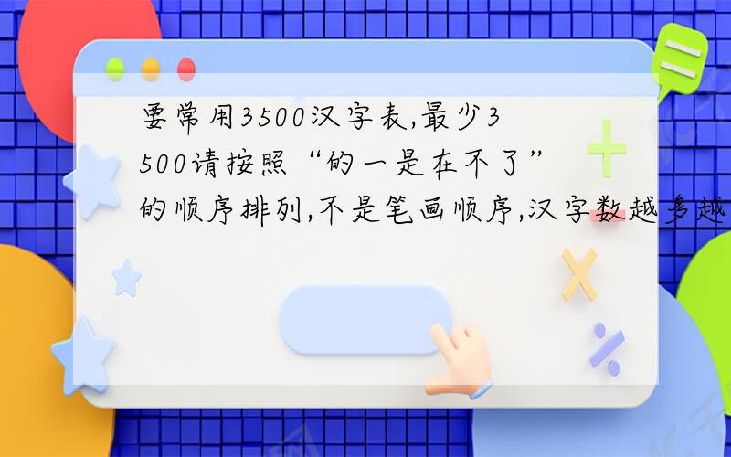 要常用3500汉字表,最少3500请按照“的一是在不了”的顺序排列,不是笔画顺序,汉字数越多越好,希望是常用5000或7000.一定不能是笔画顺序啊