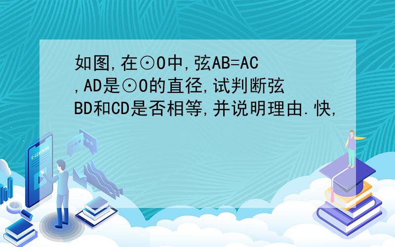 如图,在⊙O中,弦AB=AC,AD是⊙O的直径,试判断弦BD和CD是否相等,并说明理由.快,