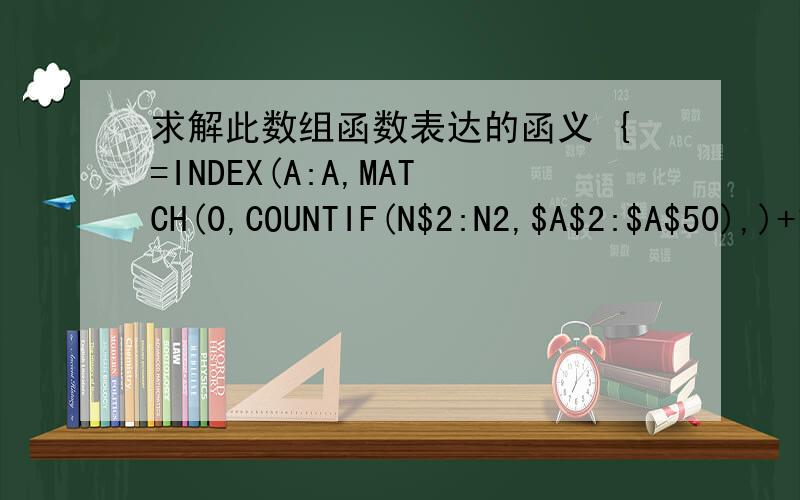 求解此数组函数表达的函义 {=INDEX(A:A,MATCH(0,COUNTIF(N$2:N2,$A$2:$A$50),)+1)&