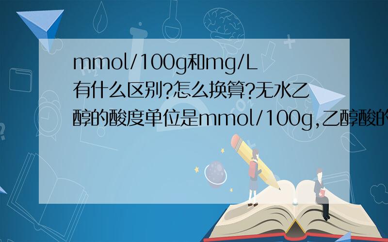 mmol/100g和mg/L有什么区别?怎么换算?无水乙醇的酸度单位是mmol/100g,乙醇酸的单位是mg/L,有什么区别,要怎么换算?