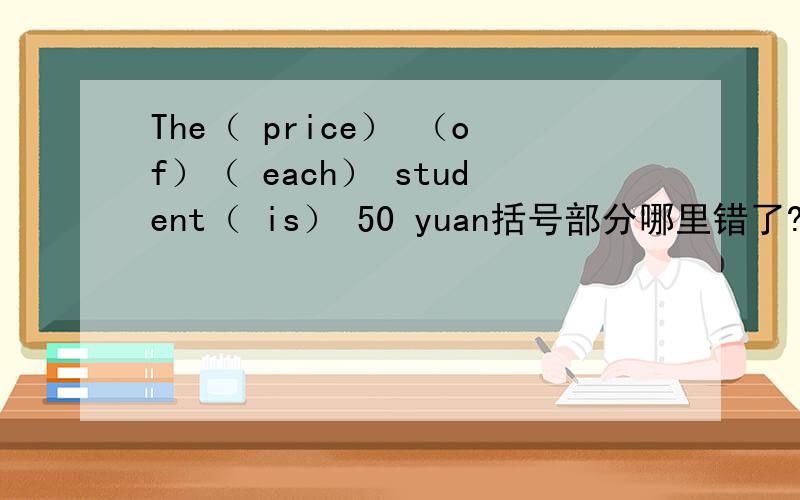 The（ price） （of）（ each） student（ is） 50 yuan括号部分哪里错了?