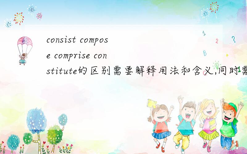 consist compose comprise constitute的区别需要解释用法和含义,同时需要例句.