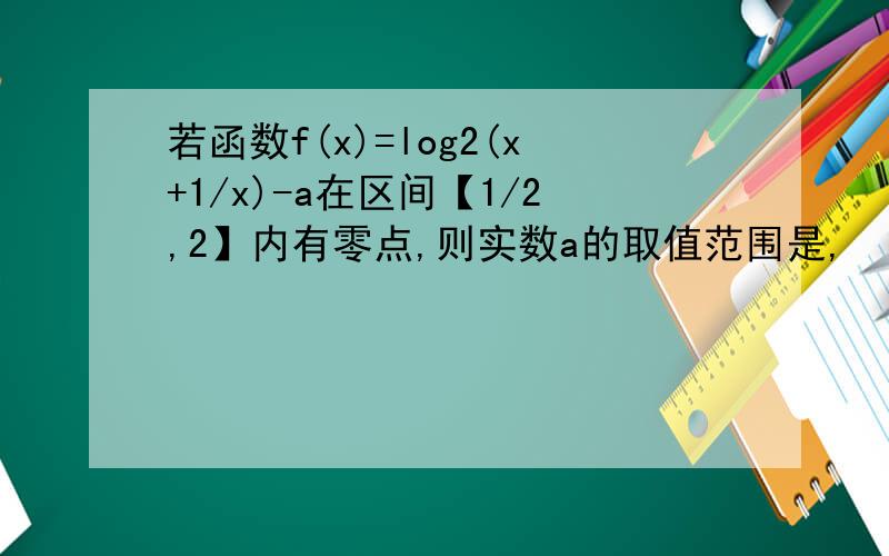 若函数f(x)=log2(x+1/x)-a在区间【1/2,2】内有零点,则实数a的取值范围是,