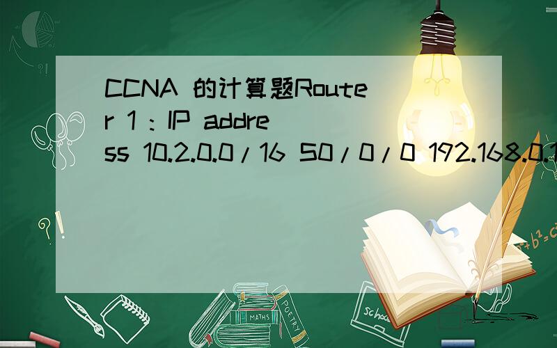 CCNA 的计算题Router 1 : IP address 10.2.0.0/16 S0/0/0 192.168.0.1Router 2 : IP address 172.16.0.0/16 S0/0/0 192.168.0.2Router1 and Router2 are running the RIPv1 protocol. The network administrator configures the command network 10.1.0.0 on Router